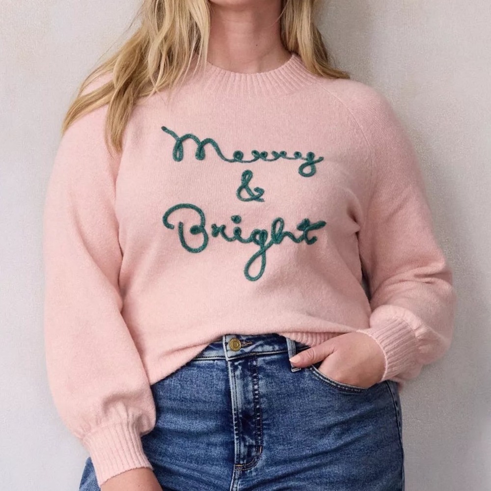 LC Lauren Conrad Merry & Bright Pink Holiday Sweater Balloon Sleeve XXL NEW